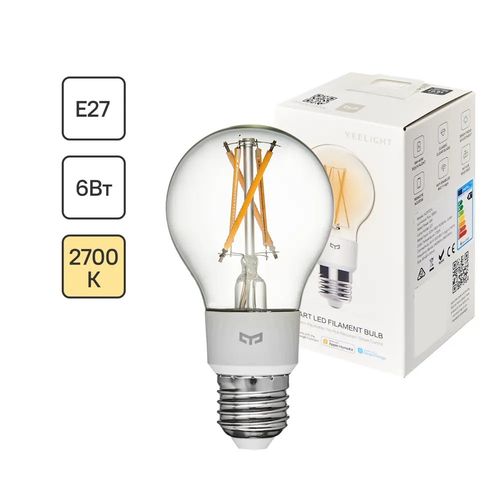 Лампа умная светодиодная Yeelight YLDP12YL E27 220-240 В 6 Вт груша прозрачная 700 лм, теплый белый свет, для диммера STLM-2117513