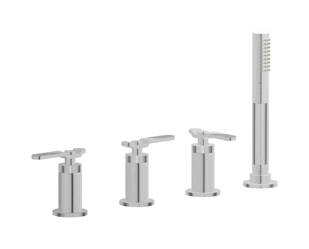 Смеситель на бортик ванной на 4 отверстия с изливом, дивертером и душевым гарнитуром. WE ARE IB b2397ss Brushed Nickel Bold