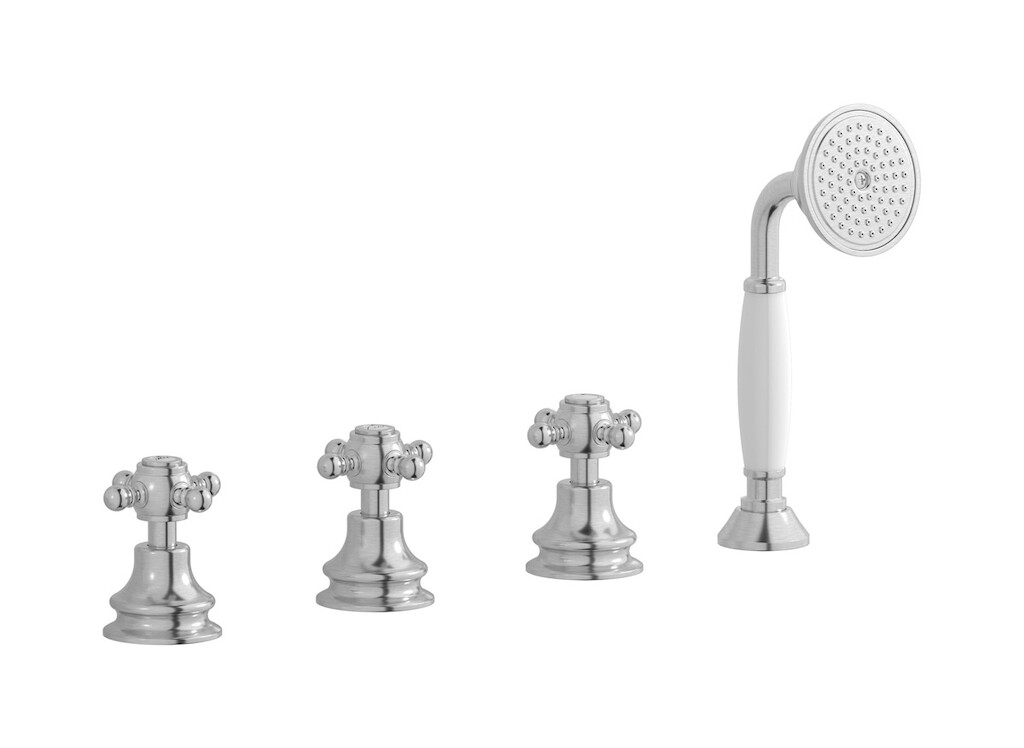 Смеситель на бортик ванной на 4 отверстия с изливом, дивертером и душевым гарнитуром. WE ARE IB hr397ss Brushed Nickel Hermes