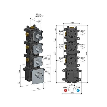 Встраиваемый термостатический смеситель для душа с 4 отверстиями Hotbath Gal ARCH-00039336 - Вид №2