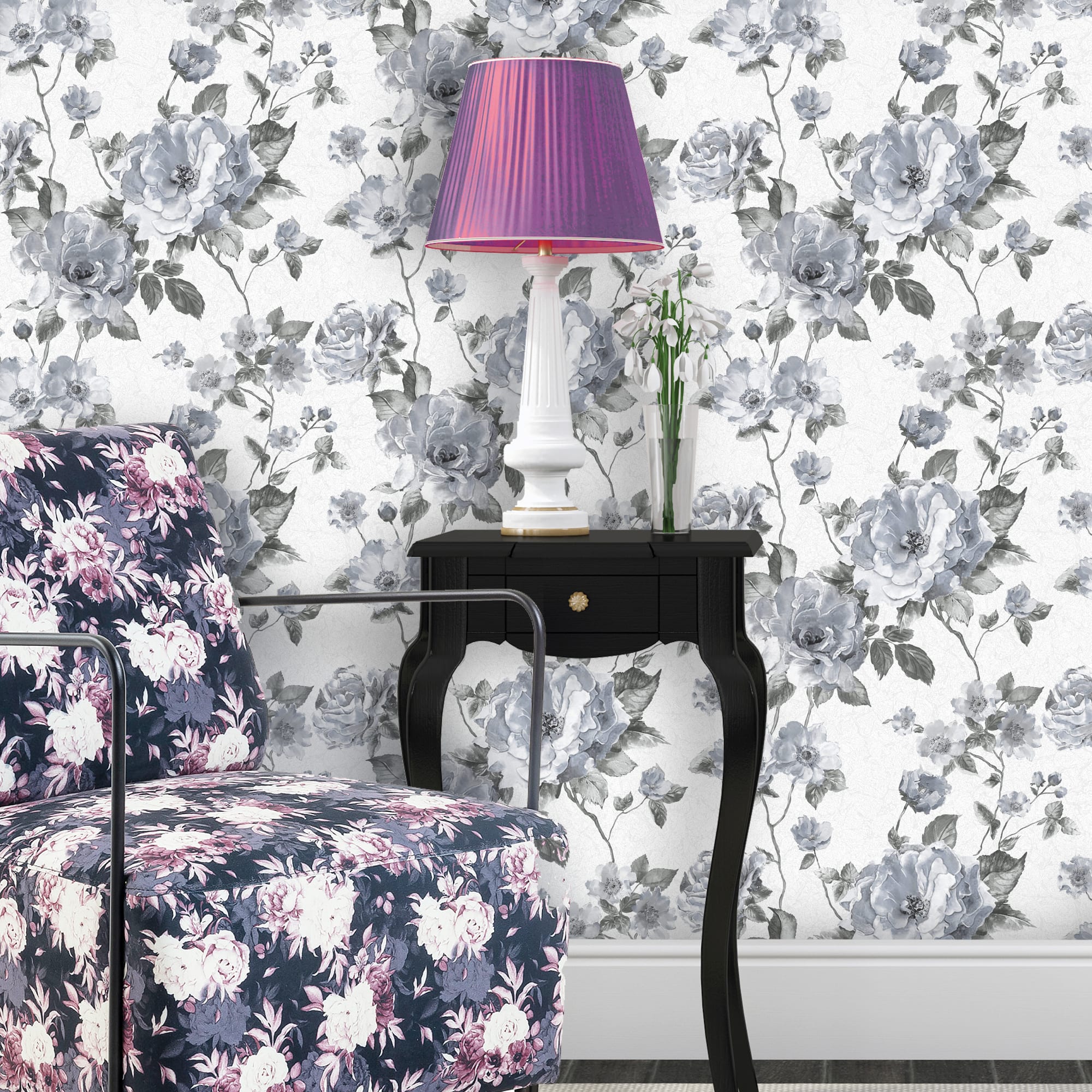 82938293 Обои бумажные 0.53 м 46119 бело-черные Шиповник Santreyd  - Вид №2