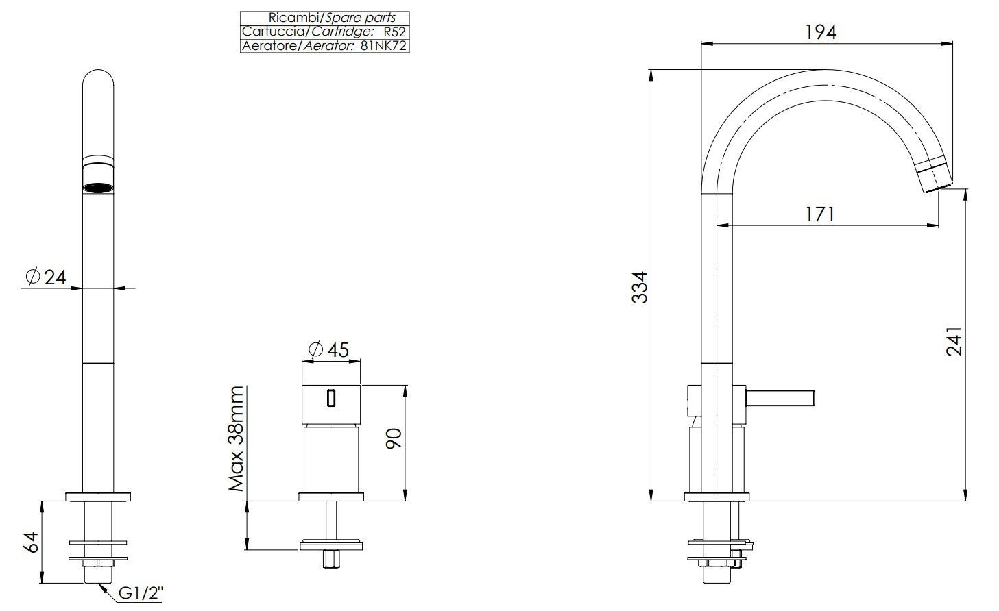 Однорычажный смеситель для раковины с 2 отверстиями без слива Remer Rubinetterie метрическая ARCH-00132299 - Вид №2