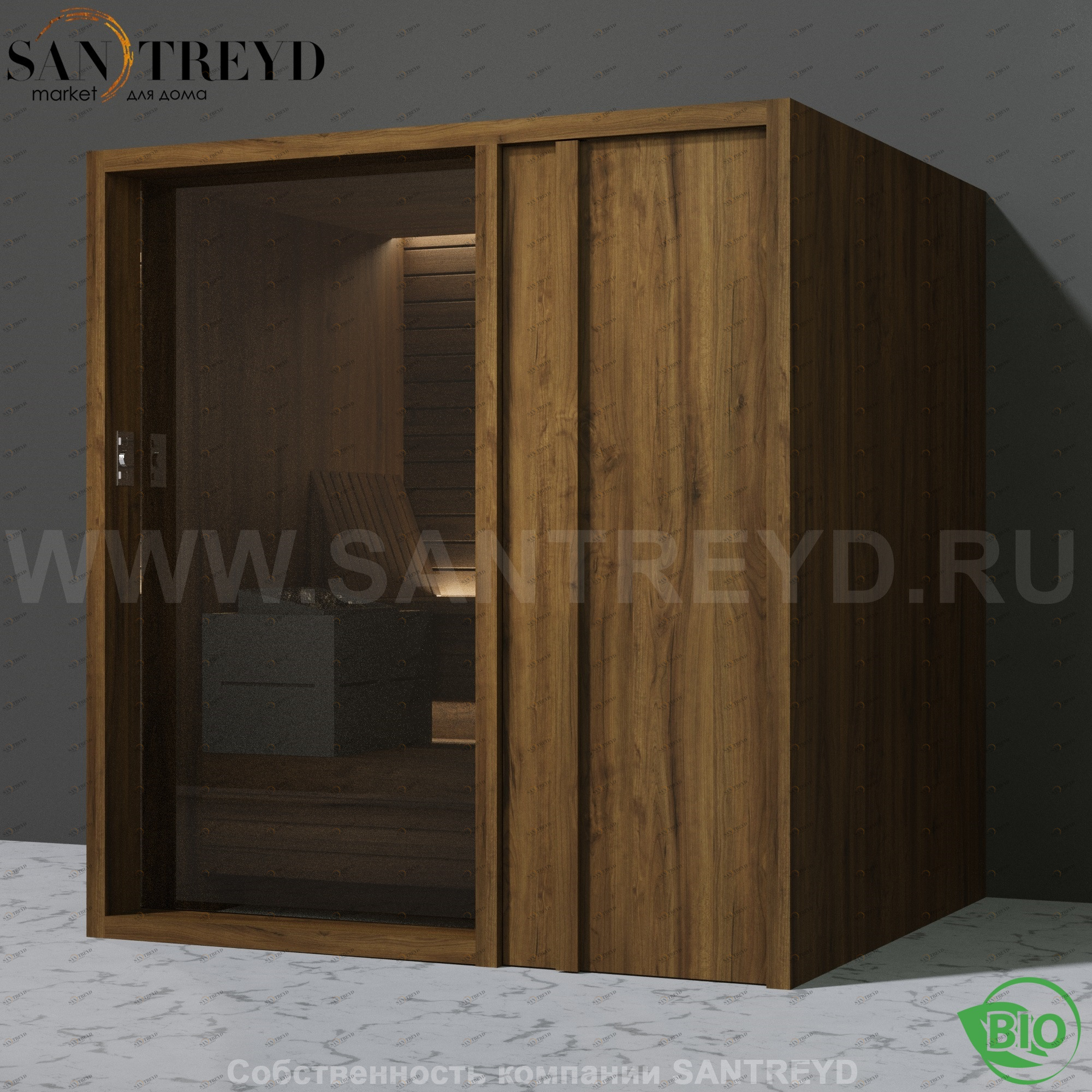 Effegibi YOKU.D80 BI.70200007 Био-сауна с правой дверью. Мощность: 9 кВт макс. Размеры: длина 202 см, ширина 180 см. Отделка: чёрный орех BI70200007