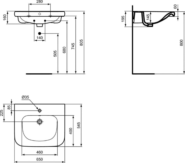 S249901 Раковина для инвалидов 65 см Ideal Standard CONTOUR - Вид №2
