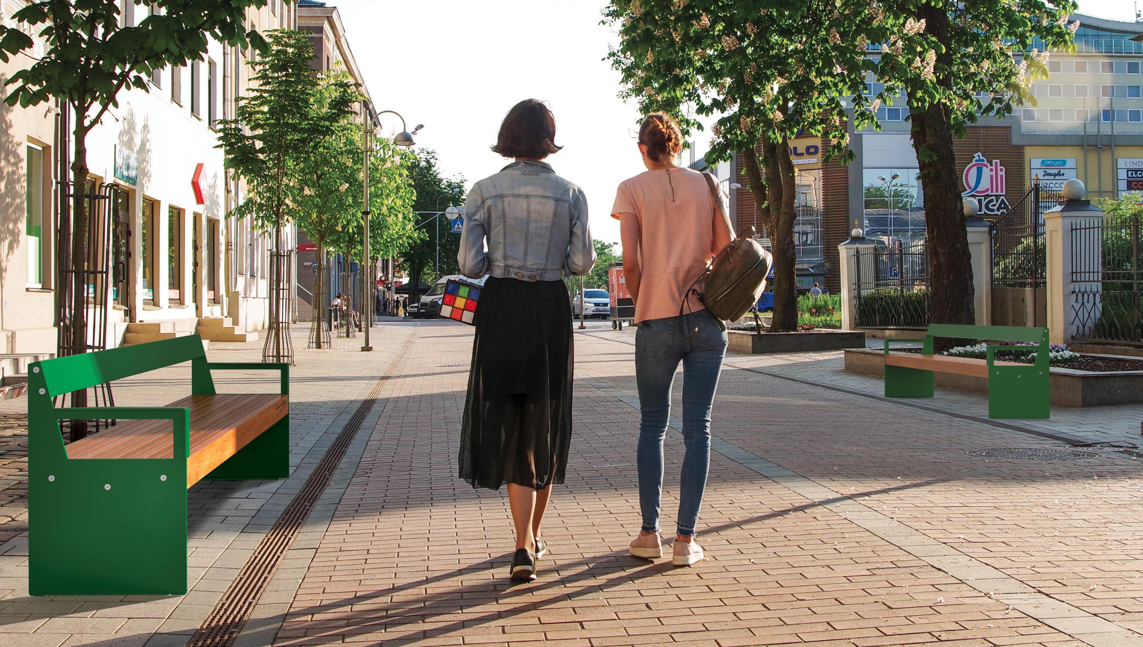 Стальная и деревянная скамья со спинкой с подлокотниками City Design Lena ARCH-00007636 - Вид №1