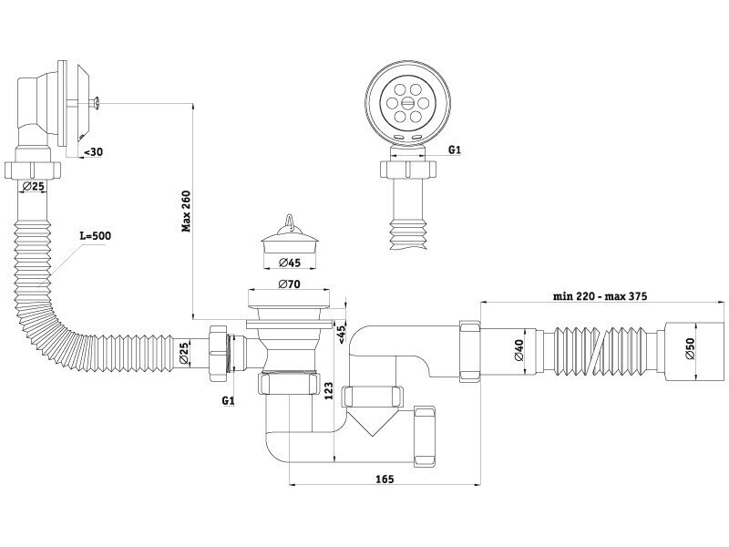 Сифон АНИ для ванны регулируемый с выпуском 1 1/2"х40, с переливом, с гибкой трубой 40мм E255 АНИ пласт 7188 - Вид №1