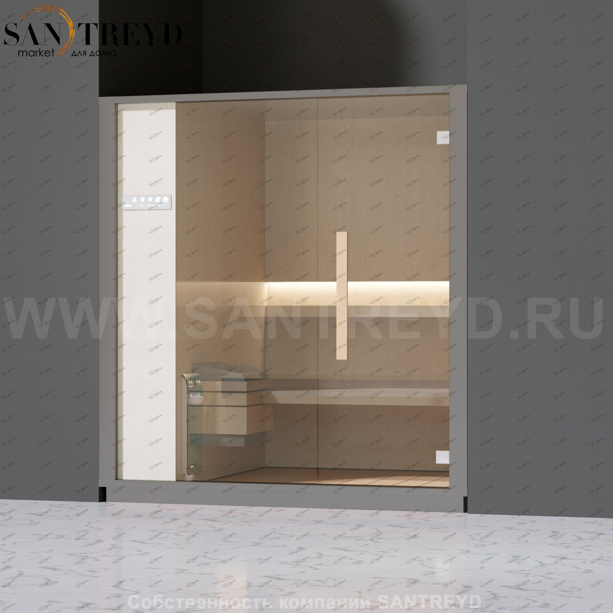 Effegibi ONE H LO60010010 Хаммам. Установка: в нишу. Левая дверь. Мощность: 4,5 кВт макс. Размеры: длина 214 см, ширина 171 см. Отделка: матовый лакированный серый аллюминий и бежевый ламинат из керамогранита.