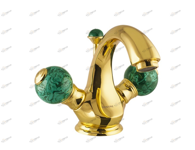 036105.ML0.00 Смеситель для раковины на одно отверстие с малахитом Золото 24К Mestre 