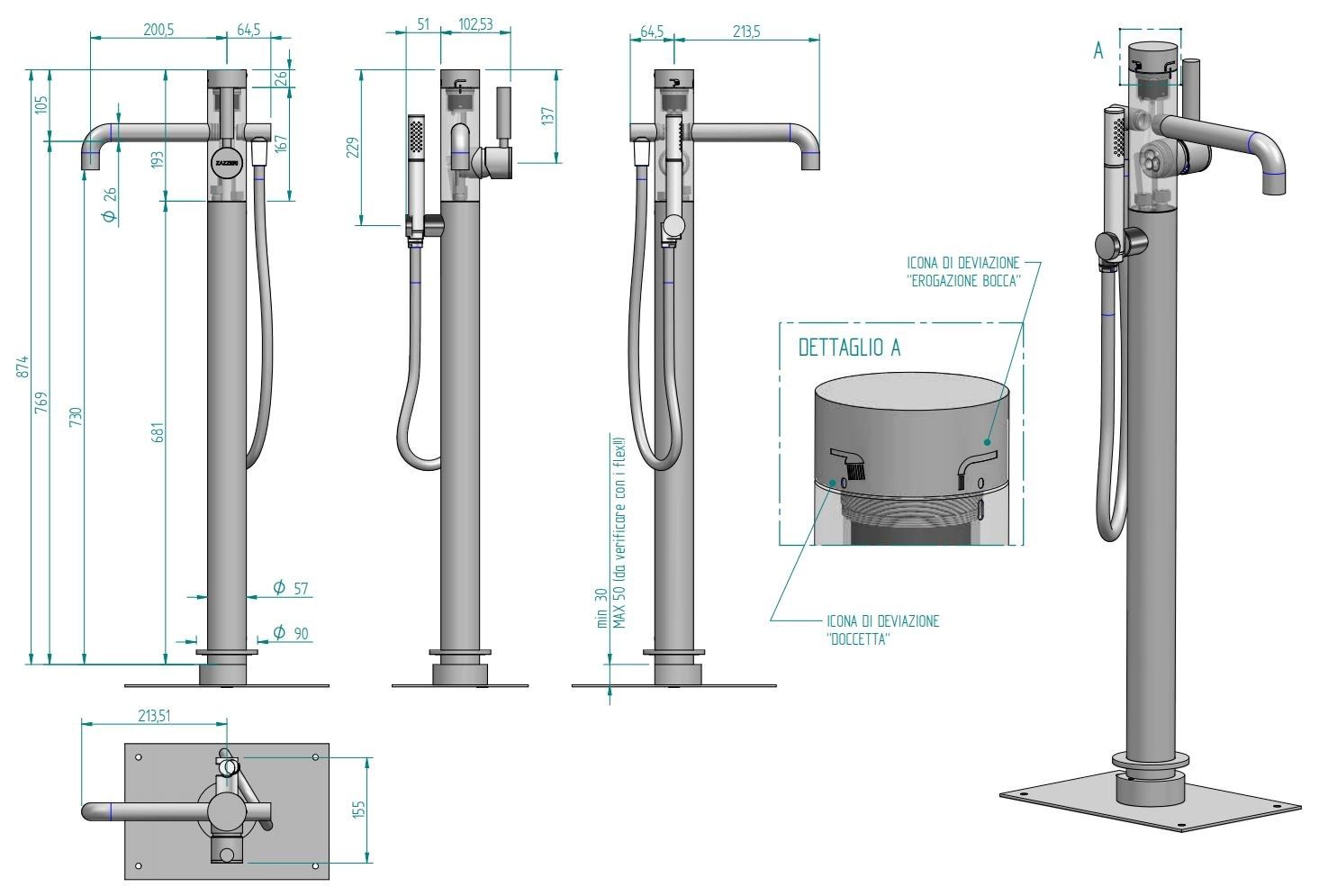 Напольный смеситель для ванны с ручным душем Zazzeri Da-Da ARCH-00116800 - Вид №2