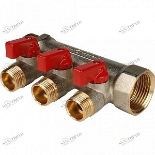 Коллектор с шаровыми кранами 1" STOUT 3 выхода 1/2", красные ручки SMB6200011203