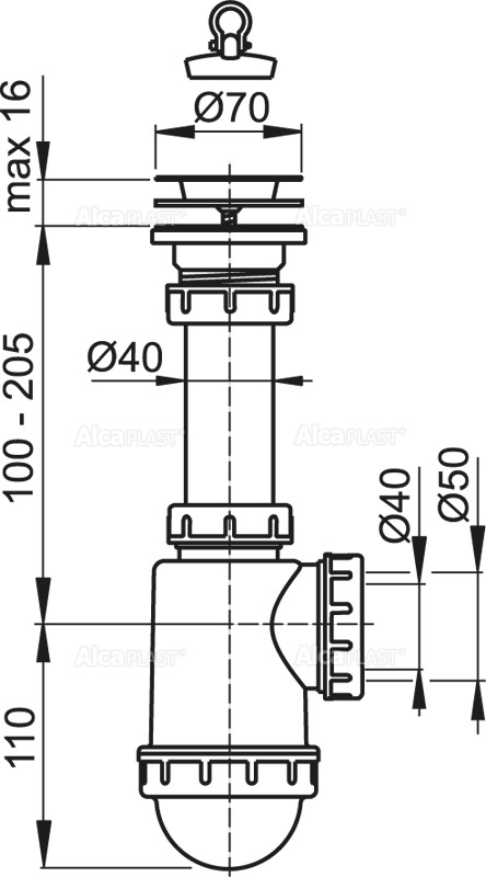 Cифон для мойки c нержавеющей peшeткой DN70 ALCAPLAST A441DN5040 - Вид №1