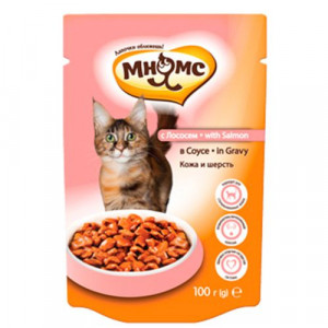 ПР0038790 Корм для кошек Кожа и шерсть, лосось в соусе конс. пауч 100г МНЯМС