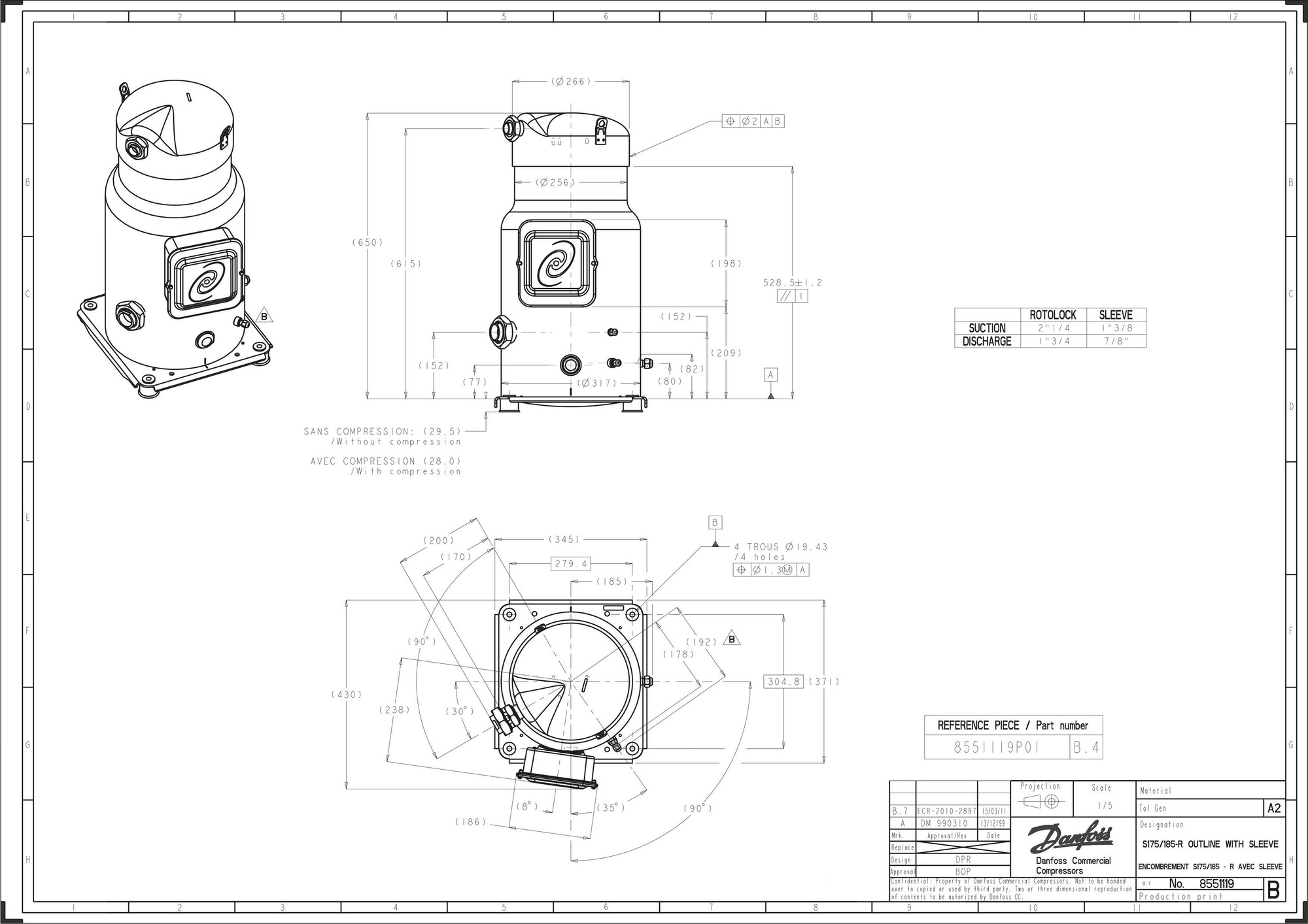 Danfoss SY — Герметичные спиральные компрессоры, R22, R134a, R407C SY300A4PBI Компрессор спиральный SY300A4PBI  - Вид №6