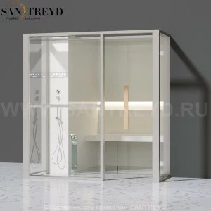 Effegibi LOGICAFILO H LO31020016 Хаммам. Установка: в правый  полуугол. Левая дверь. Мощность: 4,5 кВт макс. Размеры: длина 214 см, ширина 250 см. Отделка: матовый лакированный белый аллюминий и серый ламинат из керамогранита.