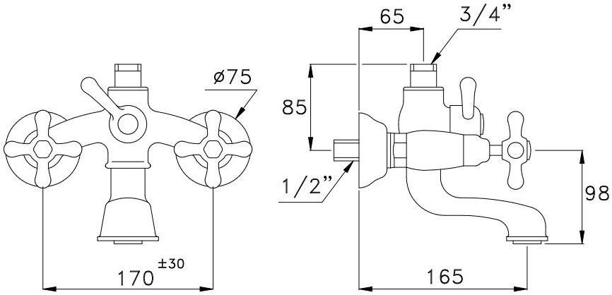RUBINETTERIE STELLA Настенный смеситель для ванны на 2 отверстия Roma sun-id-1348228 - Вид №1