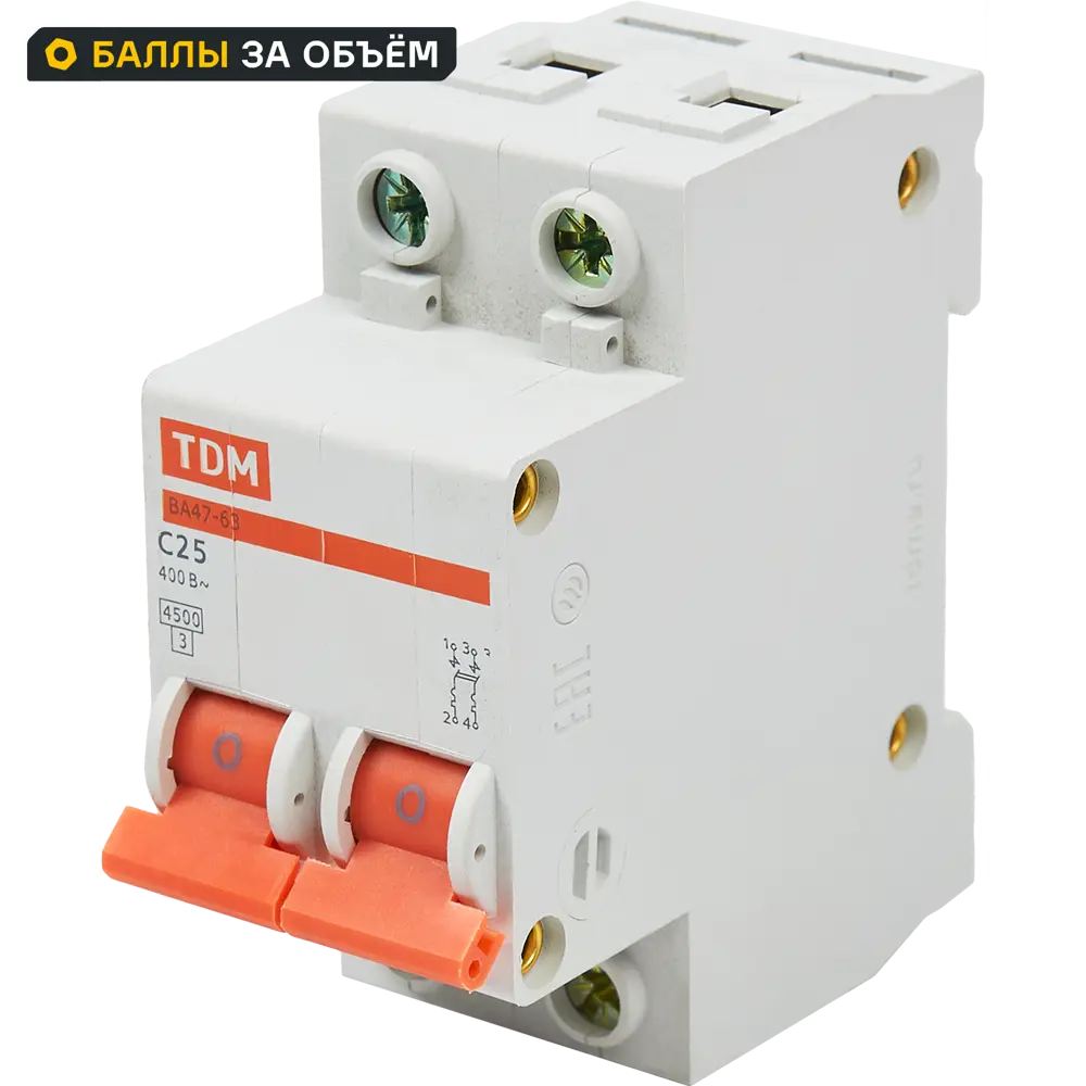 Автоматический выключатель TDM Electric ВА47-63 2P C25 А 4.5 кА SQ0218-0012 STLM-2014498