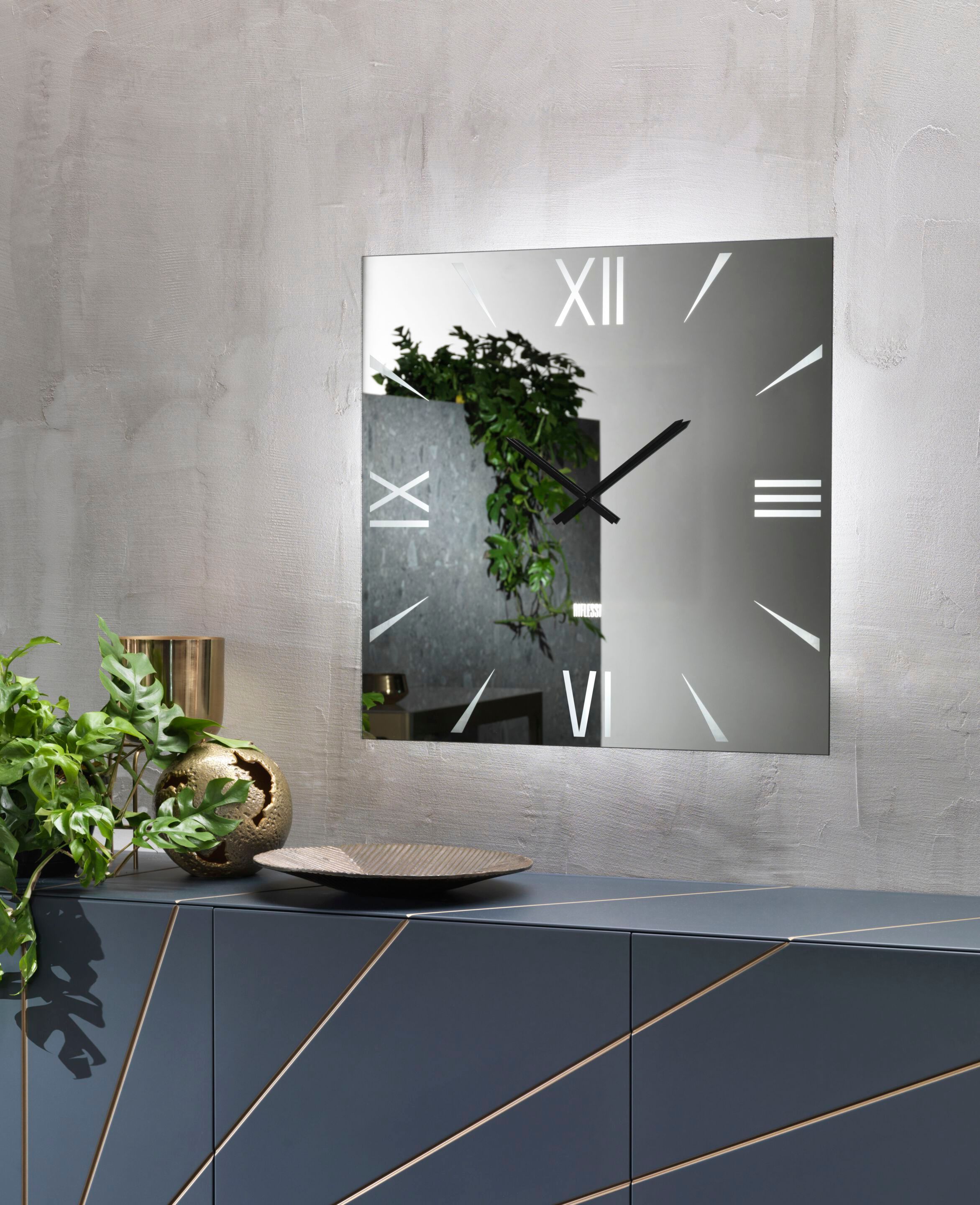 Квадратные зеркальные хрустальные настенные часы и светодиодное освещение RIFLESSI SKYLINE ARCH-00020144