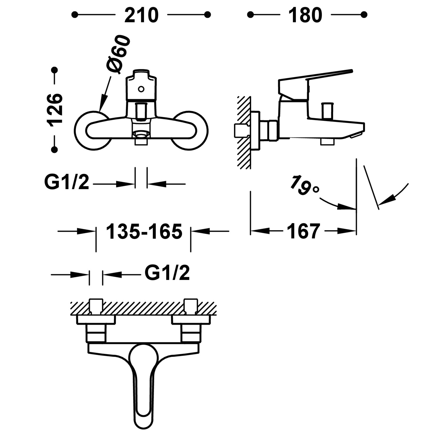 Базовый настенный смеситель для ванны и душа с одной ручкой-21527010 TRES Base - Вид №1