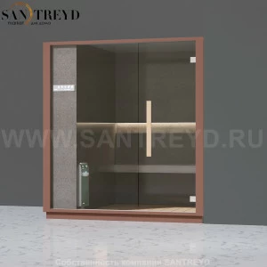 Effegibi ONE H LO60030008 Хаммам. Установка: в правый угол. Левая дверь. Мощность: 4,5 кВт макс. Размеры: длина 214 см, ширина 171 см. Отделка: матовый лакированный коричневый аллюминий и темный ламинат из керамогранита.