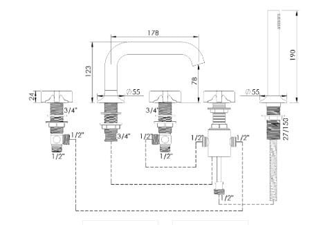 Набор для ванны с 5 отверстиями из хромированной латуни с ручным душем rvb TIMES ARCH-00090978 - Вид №2