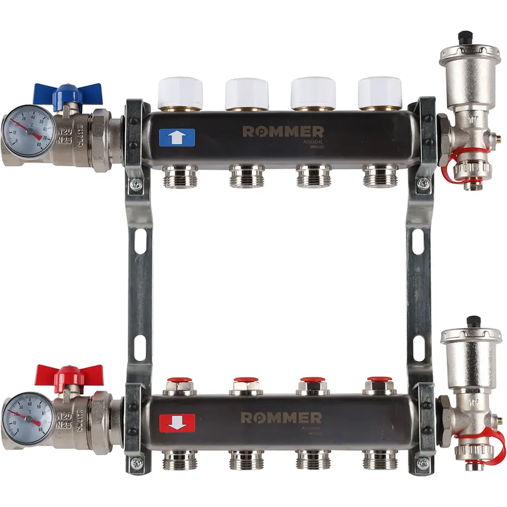 Коллектор в сборе для радиаторного отопления Rommer 1"x3/4" 4 выхода нержавеющая сталь RMS-3210-000004 89261899 STLM-2060962 