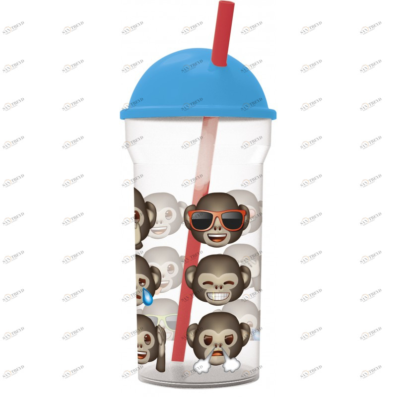 Стакан пластиковый прозрачный с соломинкой и крышкой-полусферой "Эмодзи. 12 обезьян", 460 мл STOR ЭМОДЗИ 335974 Прозрачный;голубой Santreyd 