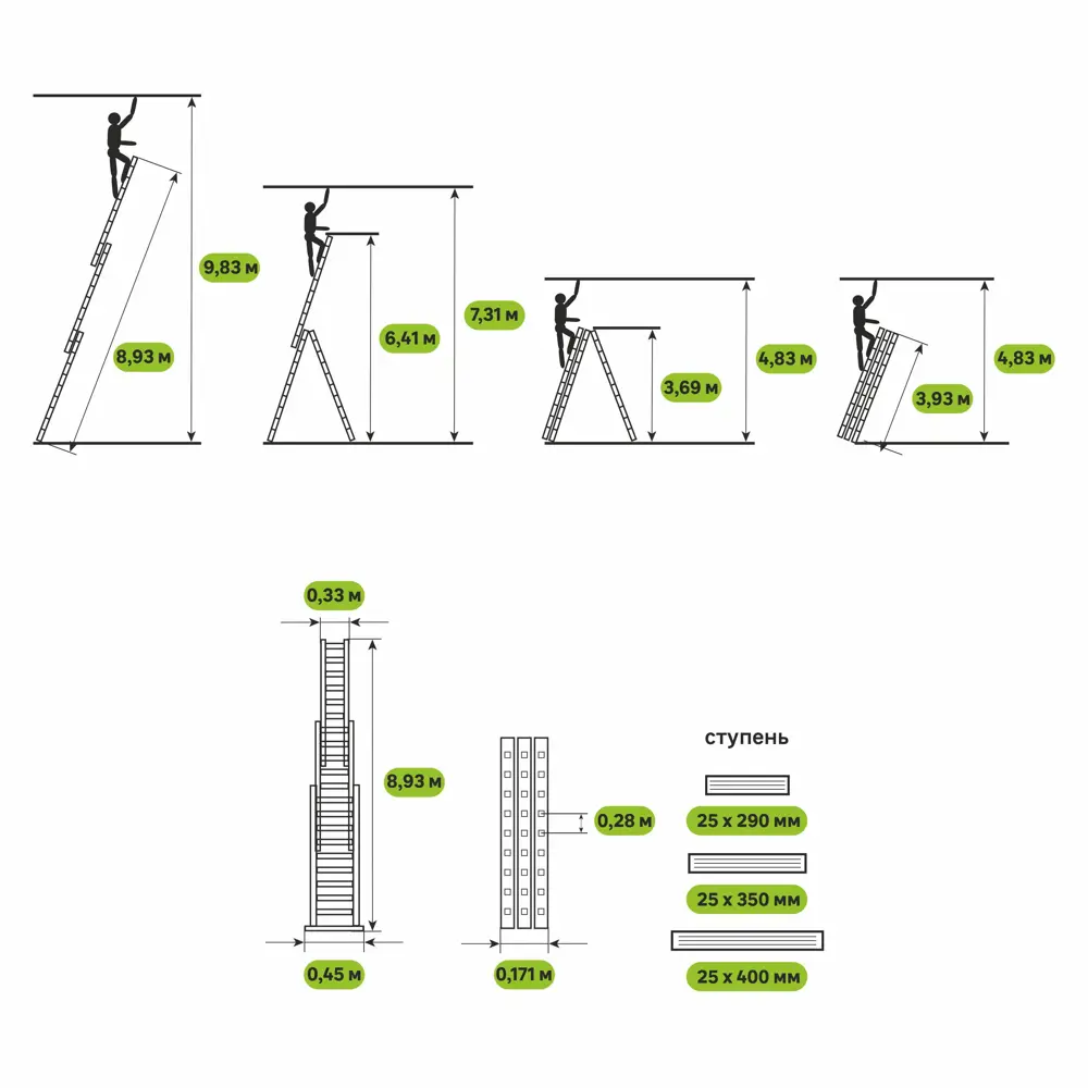 Лестница раскладная выдвижная 3-секционная Standers до 8.93 м 14 ступеней STLM-2018375 - Вид №11