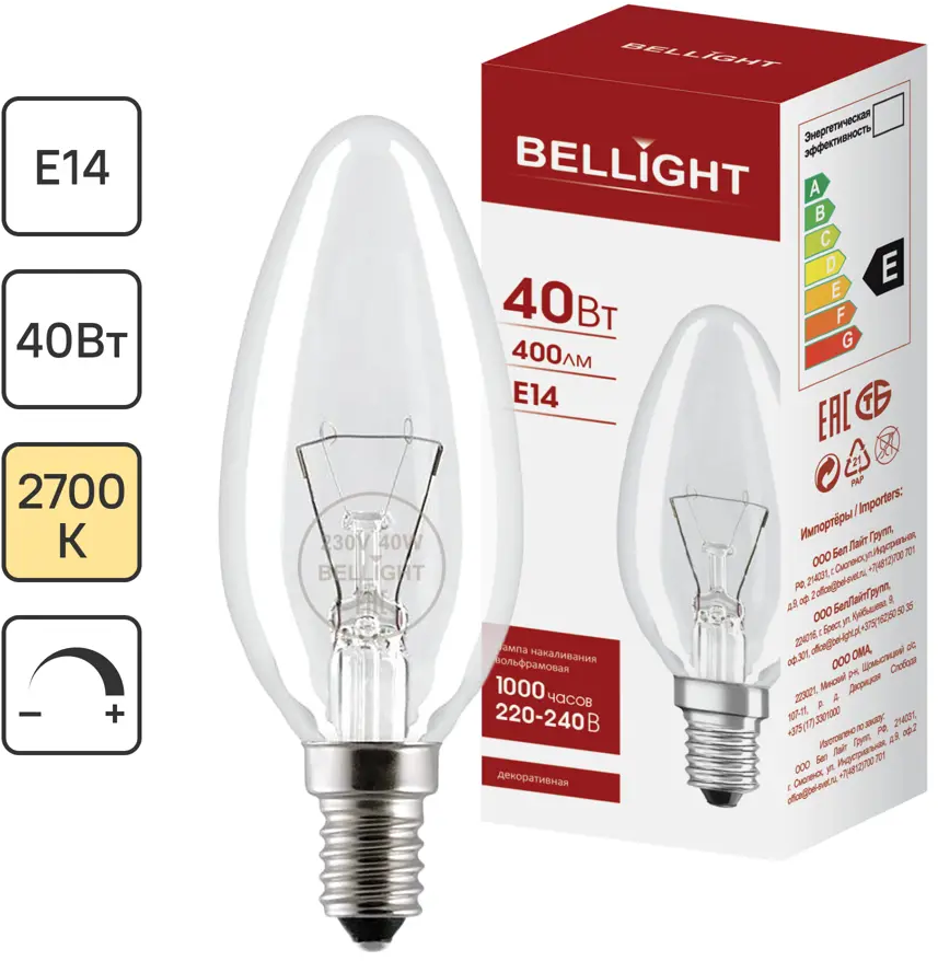 Лампа Bellight E14 40Вт свеча с теплым светом 89365478
