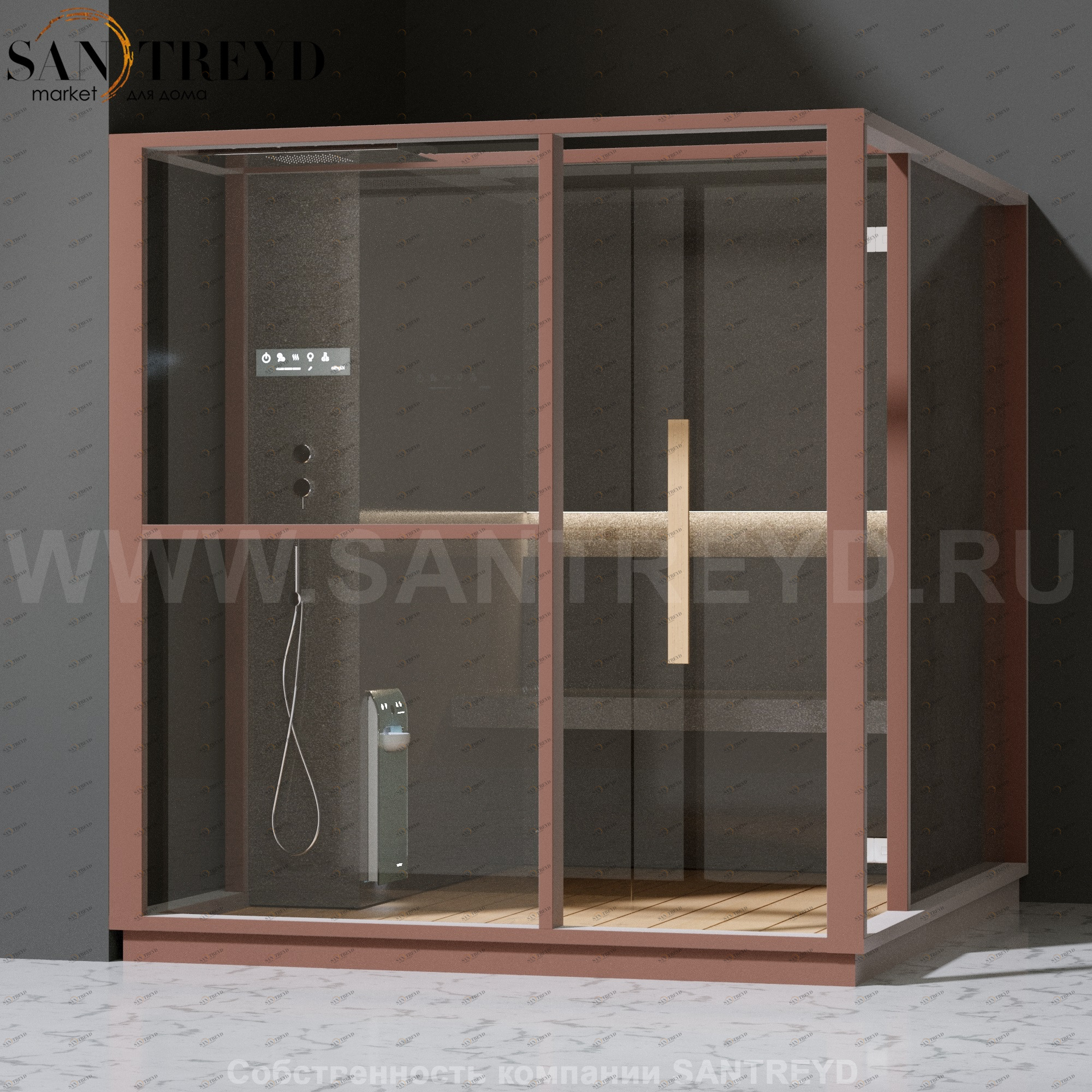 Effegibi LOGICA H LO30030006 Хаммам. Установка: в левый угол. Левая дверь. Мощность: 4,5 кВт макс. Размеры: длина 214 см, ширина 250 см. Отделка: матовый лакированный коричневый аллюминий и темный ламинат из керамогранита.