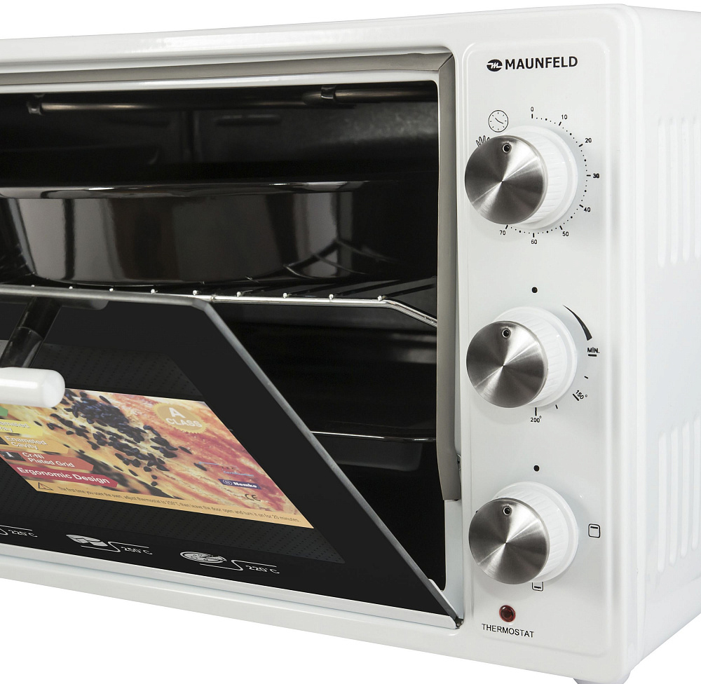 CEMOB.363.W Мини-печь gfsmo.20.5b/ электрическая мини-печь, 50см, 1300 вт, механический программатор, решетка для гриля, прямоугольный противень, круглый противень белый цвет Maunfeld Santreyd  - Вид №2