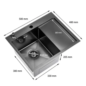Врезная мойка Vidage 5848V 58x48 см глубина чаши 22 см с дозатором нержавеющая сталь цвет черный