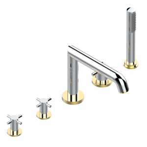 G5A-1125BSGBB Смеситель с низким изливом, устанавливаемый на борту ванны на 5 отверстий с душем, термостатическим смесителем и 2 вентилями Thg-paris Nano Хром/золото