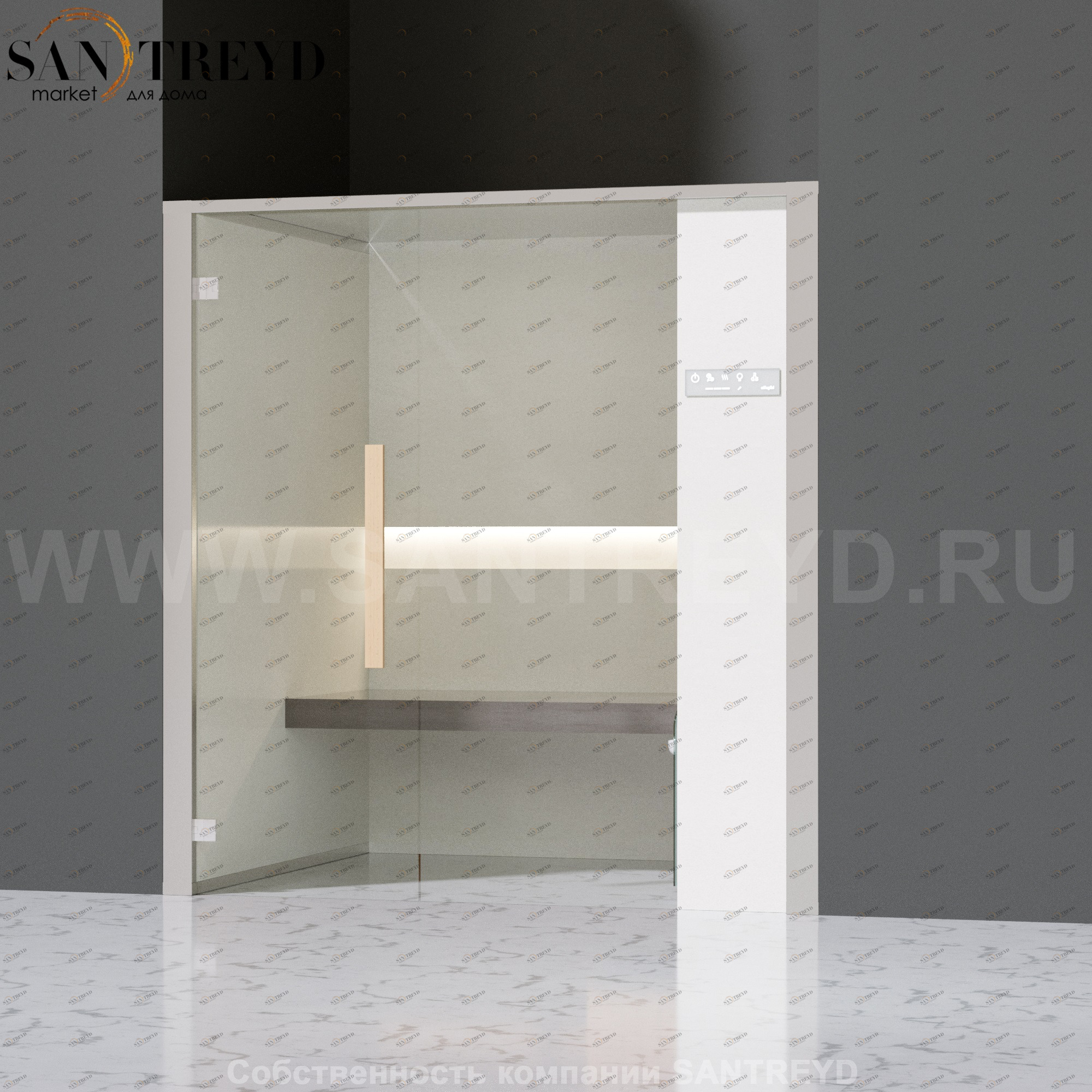 Effegibi ONEFILO H LO61020009 Хаммам. Установка: в нишу. Правая дверь. Мощность: 4,5 кВт макс. Размеры: длина 214 см, ширина 171 см. Отделка: матовый лакированный белый аллюминий и серый ламинат из керамогранита.