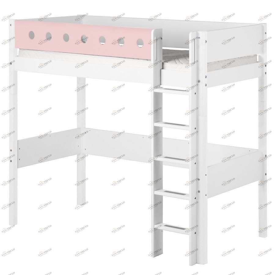 Кровать Flexa White высокая с прямой лестницей, 200 см, белая с розовым 801750218