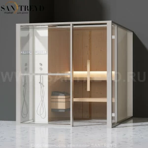 Effegibi LOGICAFILO S LO21020014 Сауна. Установка: в левый  полуугол. Левая дверь. Мощность: 6 кВт макс. Размеры: длина 214 см, ширина 250 см. Отделка: канадский хемлок, матовый лакированный белый аллюминий и серый ламинат из керамогранита.