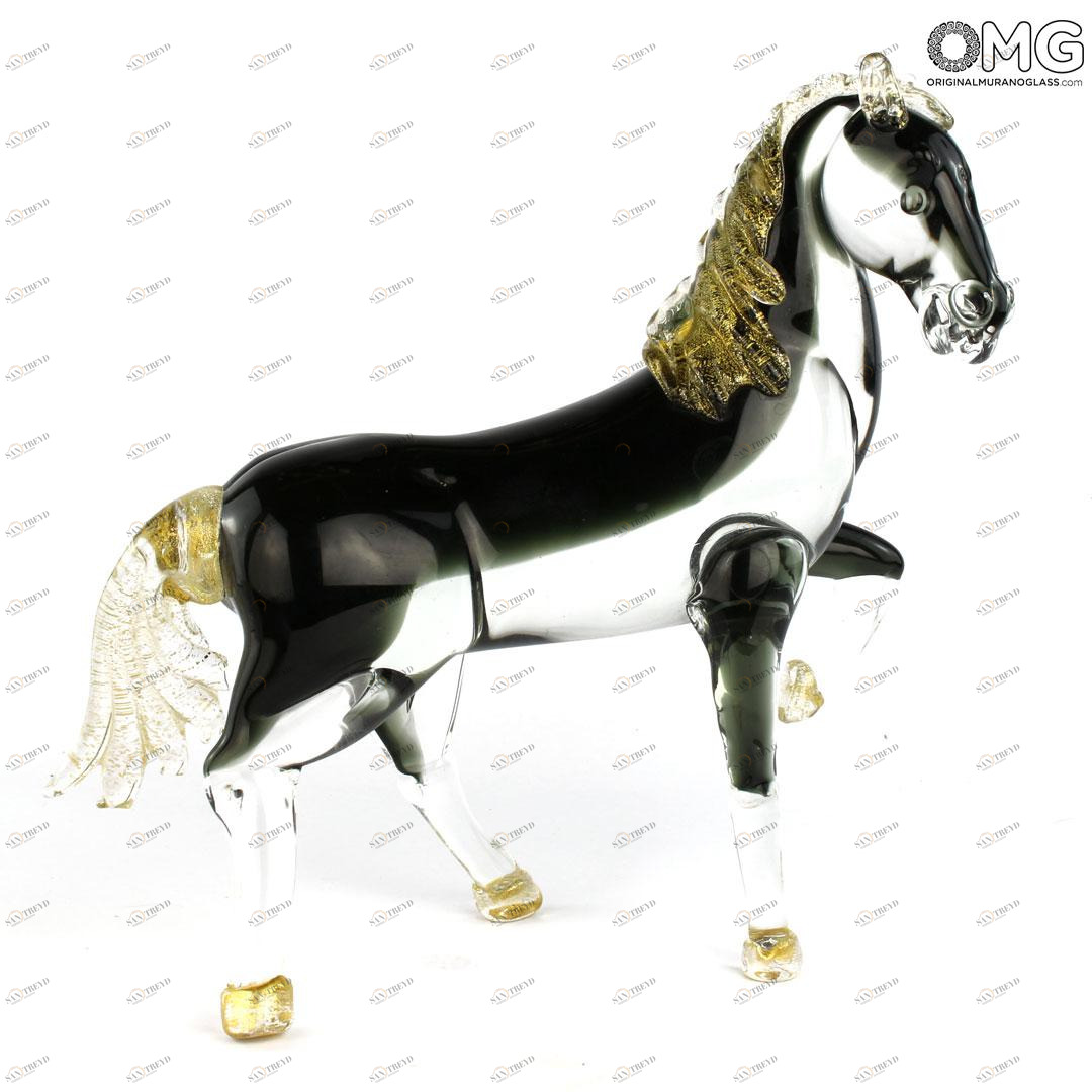3716 ORIGINALMURANOGLASS Скульптура Королевский Конь - чёрный с золотом - муранское стекло OMG 29 см 