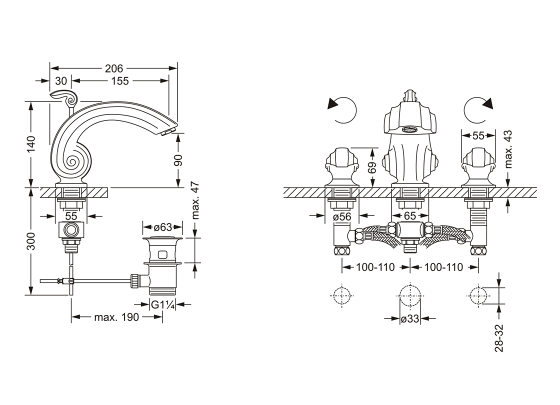 Смеситель для раковины на три отверстия ½" JOERGER Muschel 601.30.300.000 - Вид №1