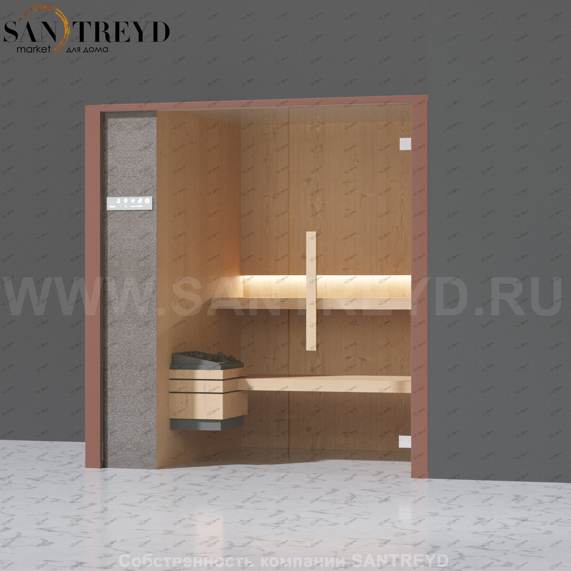 Effegibi ONEFILO S LO51030008 Сауна. Установка: в правый угол. Левая дверь. Мощность: 4,5 кВт макс. Размеры: длина 214 см, ширина 171 см. Отделка: матовый лакированный коричневый аллюминий и темный ламинат из керамогранита.