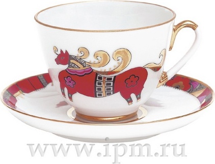 99677 Императорский фарфоровый завод Чашка чайная с блюдцем "Красный конь" "Весенняя" Фарфор твердый 