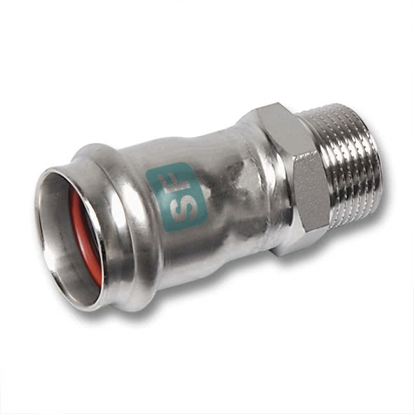 619243G1812 SANHA 19243G пресс.-фит. без силикона ниппель ВПр-НР, нерж.ст. 18x1/2 мм  - Вид №1