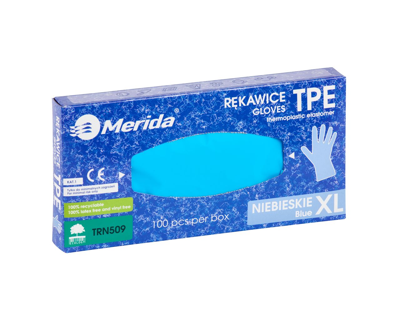 TRN509 Перчатки из эластомера TPE, синие, размер XL, 100 шт. в упаковке Merida  - Вид №1