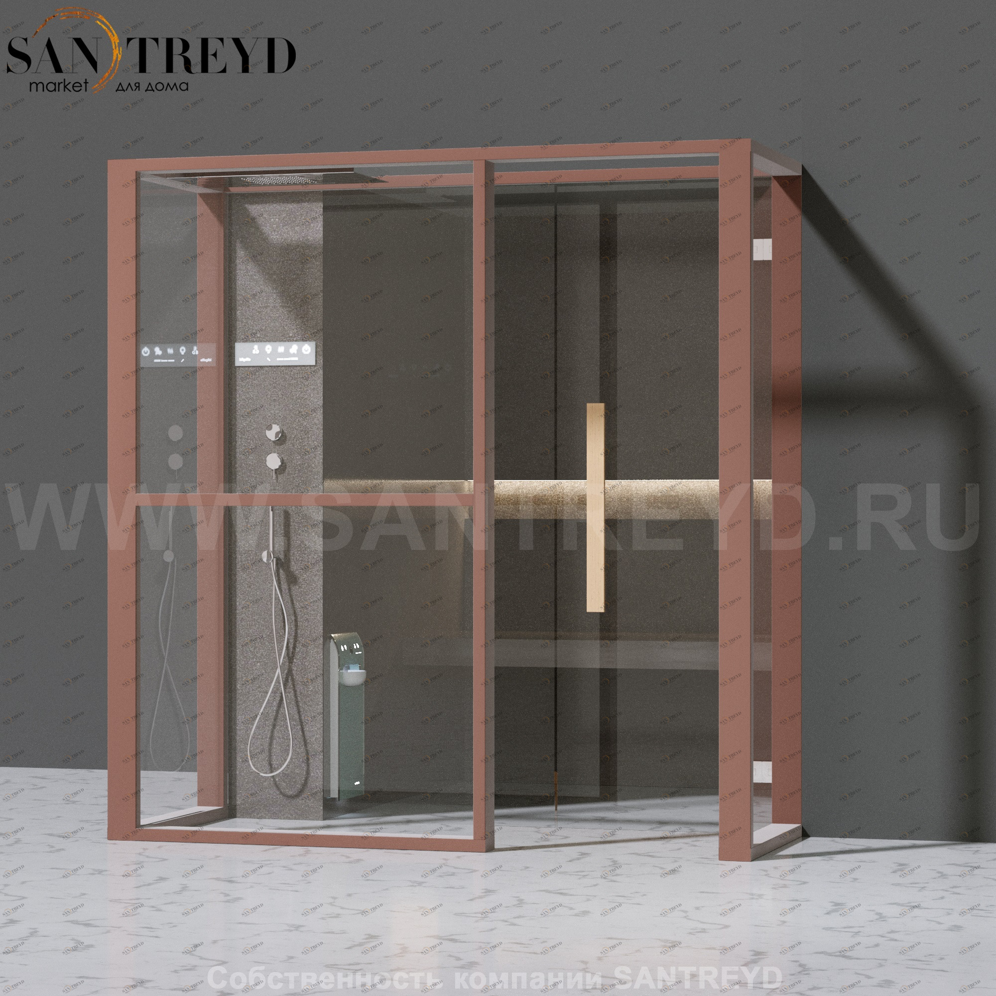 Effegibi LOGICAFILO H LO31030016 Хаммам. Установка: в правый  полуугол. Левая дверь. Мощность: 4,5 кВт макс. Размеры: длина 214 см, ширина 250 см. Отделка: матовый лакированный коричневый аллюминий и темный ламинат из керамогранита.