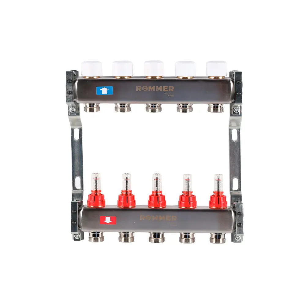 Коллектор с расходомером Rommer 1"x3/4" 5 выходов нержавеющая сталь RMS-1200-000005 STLM-2050045