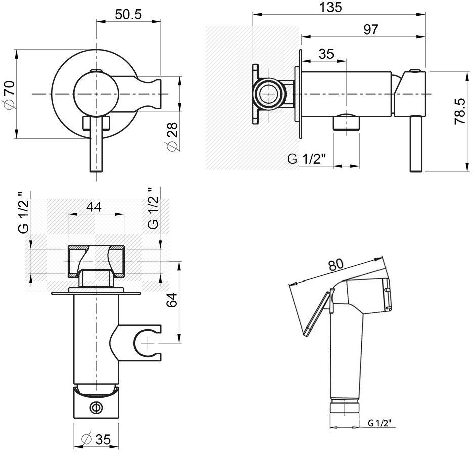 53CR442RRU_ABS Imola Смеситель с гиг.душем (ABS) Paini 53CR442RRUABS - Вид №3