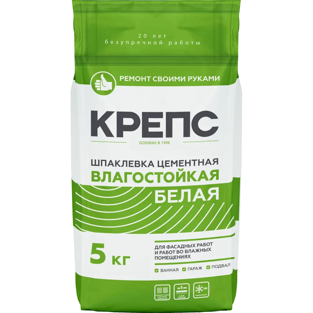 Шпаклёвка цементная влагостойкая Крепс 5 кг белая Влагостойкая белая STLM-2151388