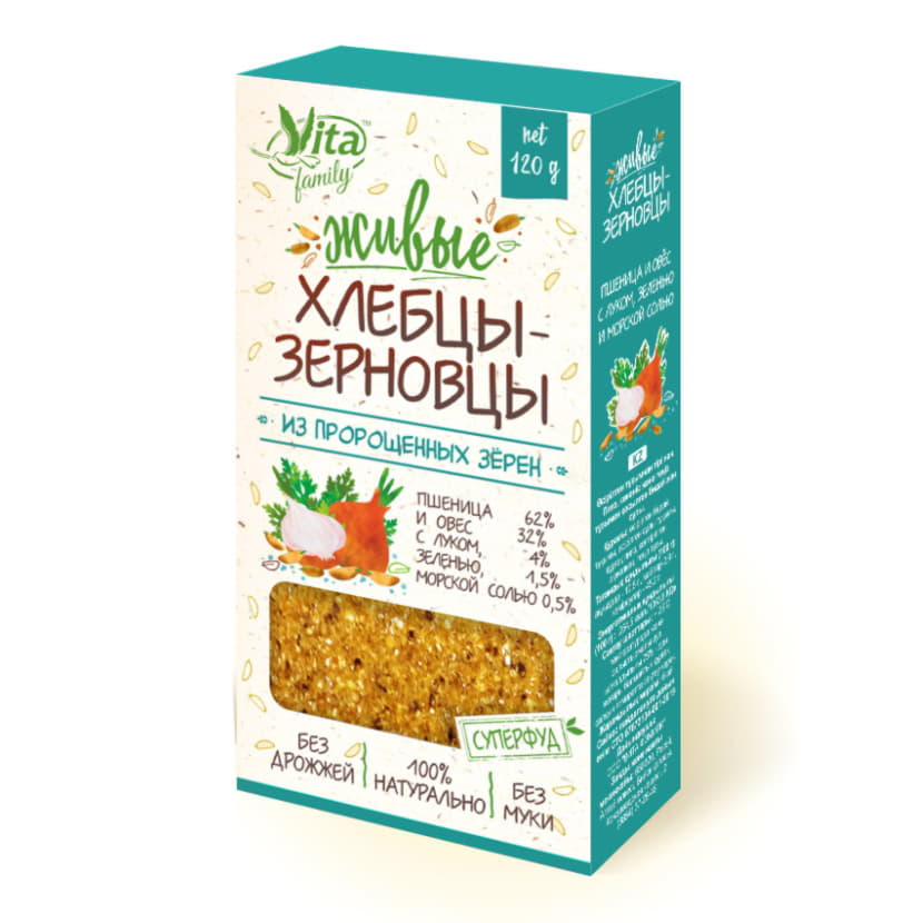 Живые хлебцы-зерновцы с луком и морской солью ПШЕНИЦА И ОВЕС Vita 120 г Santreyd 12939 - Вид №1