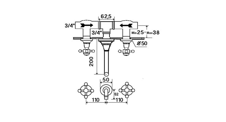 Настенный смеситель для раковины с 3 отверстиями rvb 1920-1921 ARCH-00093948