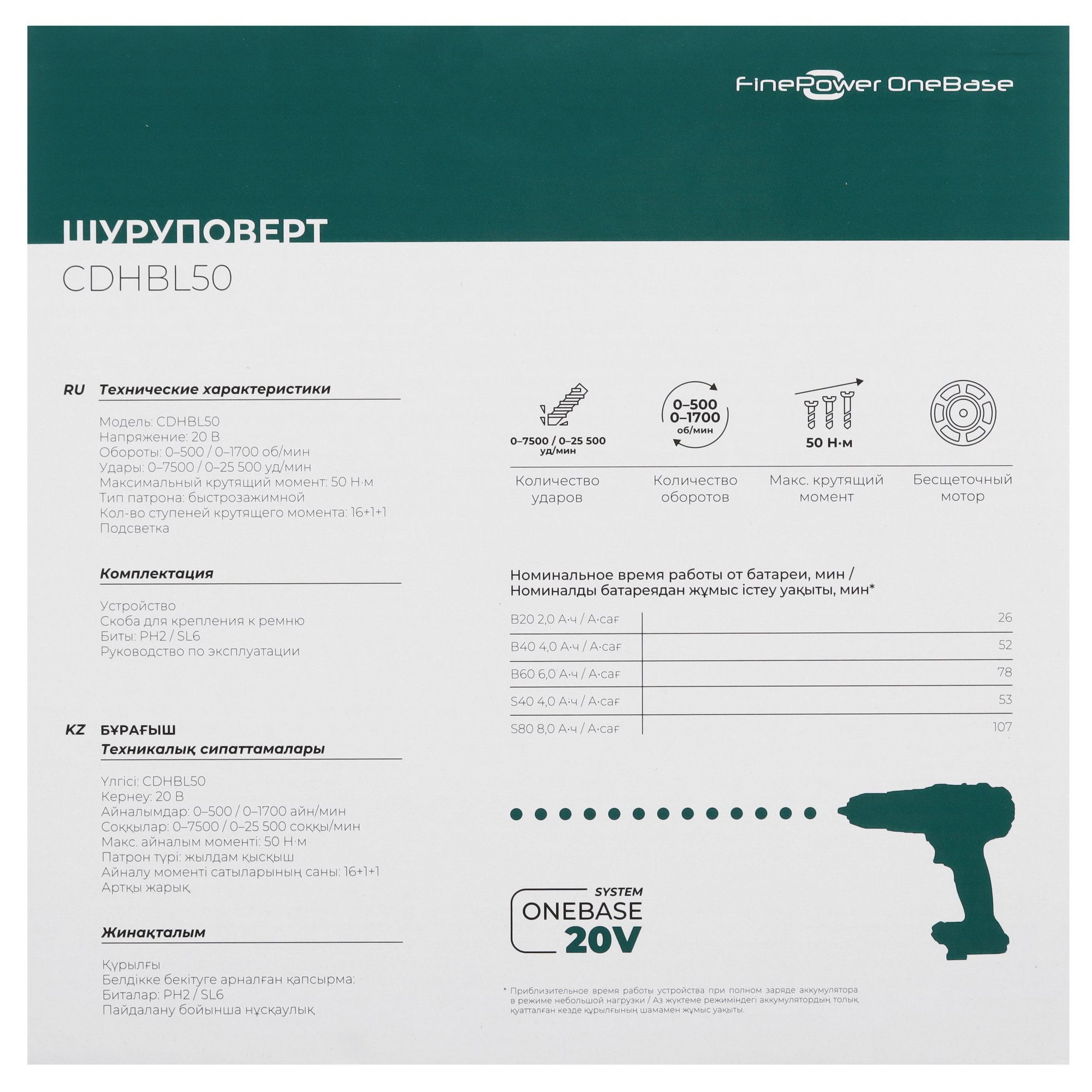 Дрель-шуруповерт FinePower OneBase CDHBL50 OneBase20  Без АКБ 5433677 STDN-0112111 - Вид №6