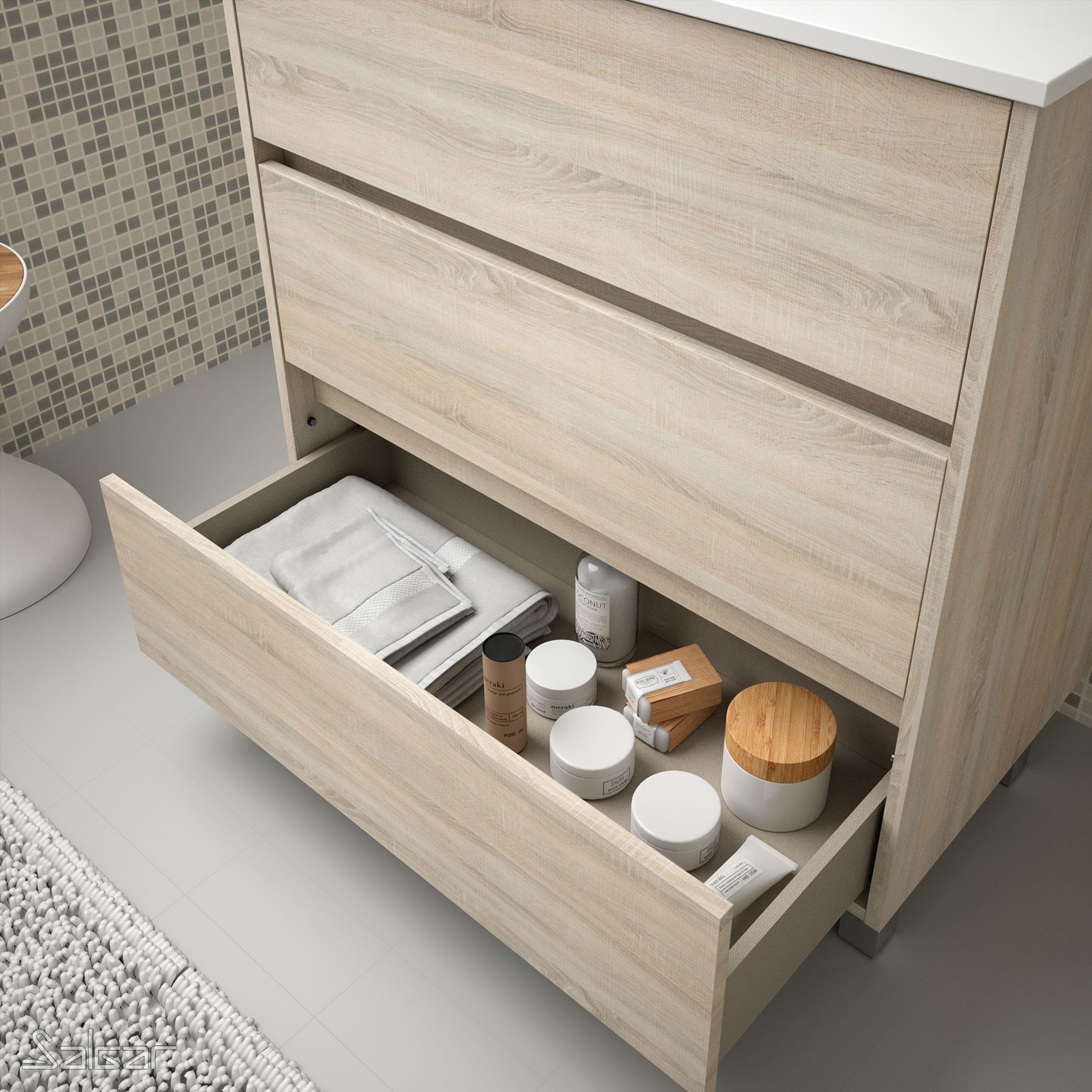 85104 SALGAR Комплект мебели для ванной ARENYS 600 OAK CALEDONIA + Раковина + Зеркало + Свет Дуб Каледония - Вид №1