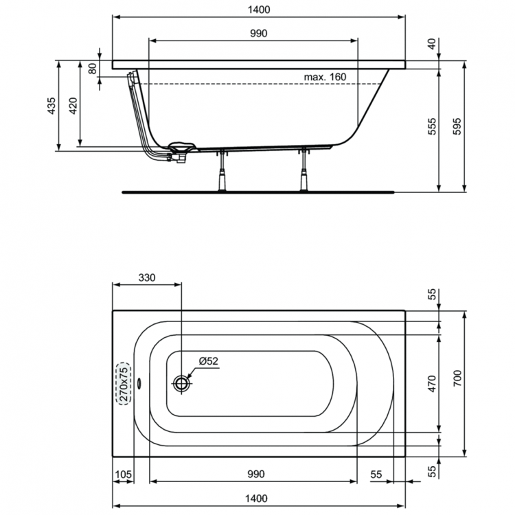 W004101 Прямоугольная ванна 140х70 см Ideal Standard SIMPLICITY - Вид №2